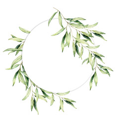 Watercolor olive leaves wreath. Hand painted floral circle border with olive tree branches with leaves isolated on white background. For design, print and fabric.