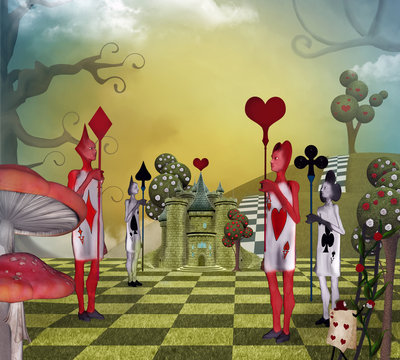 Landscape inspired by Alice in Wonderland with the card guards of the Queen of Hearts