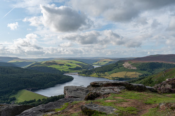 View of the Ashopton Viaduct, Ladybower Reservoir, and Crook Hill in the Derbyshire Peak District National Park.