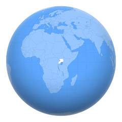 Uganda on the globe. Earth centered at the location of the Republic of Uganda. Map of Uganda. Includes layer with capital cities.