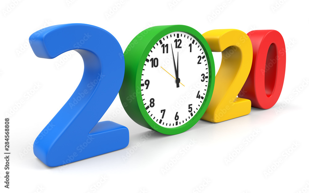 Poster happy new year 2020 concept with clock, isolated on white background. 3d rendering