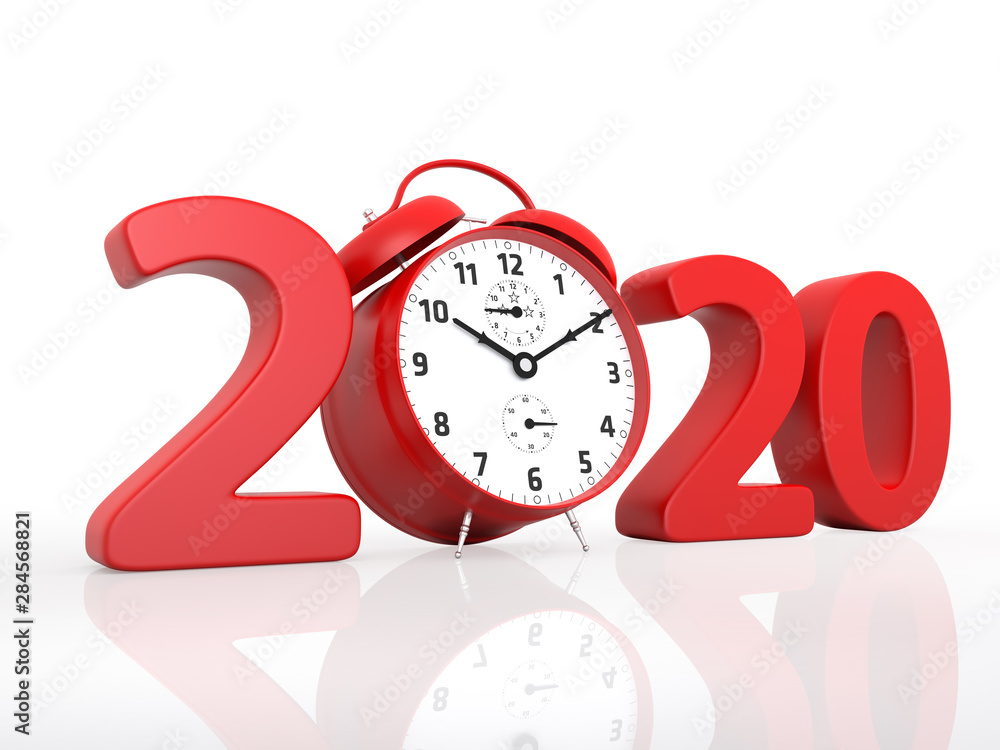 Aufkleber new year 2020 and red alarm clock. 3d rendering