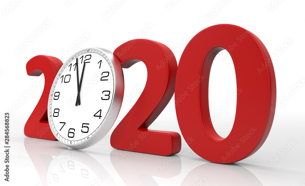Poster happy new year 2020 concept with clock, isolated on white background. 3d rendering
