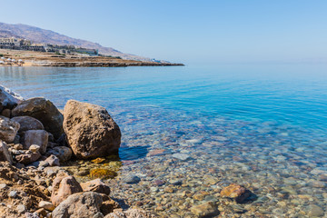 Fototapeta na wymiar view of the coast of the Dead Sea resort area in Jordan 