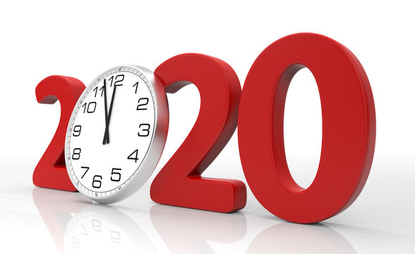 Happy New Year 2020 concept with clock, isolated on white background. 3D rendering