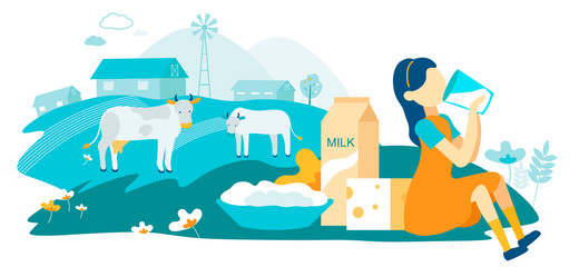 Flat Dairy Cow Family Farm Vector Illustration.