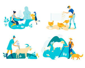 Farm Set with Poultry and Livestock Cartoon Flat.