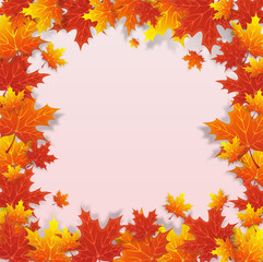 Naklejka na ściany i meble Vector Autumn natural background with orange maple leaves, fall bright landscape, banner, place for text