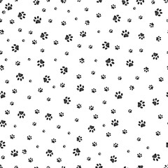 Trace black doodle paw prints seamless pattern background - obrazy, fototapety, plakaty