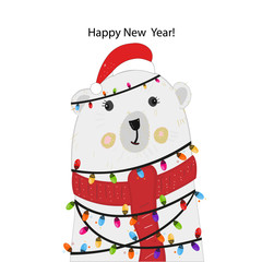 Polar bear with colorful light bulb. Happy new year greeting card