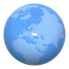 Ukraine on the globe. Earth centered at the location of the Ukraine. Map of Ukraine. Includes layer with capital cities.