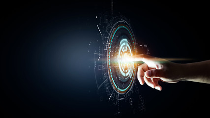 hand touching futuristic technology, visual system touching to start working and connection, info...