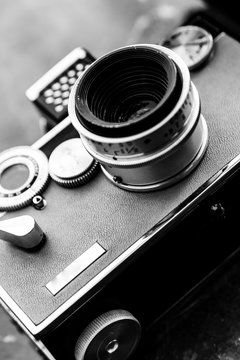 black and white image of vintage camera