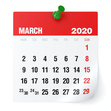 March 2020 - Calendar. Isolated On White Background. 3D Illustration