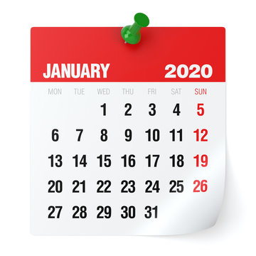 January 2020 - Calendar. Isolated on White Background. 3D Illustration