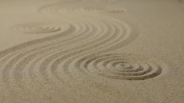 Refocusing the focus from the front circle to the far circle. Zen garden wit simple flowing waves and concentric circles.