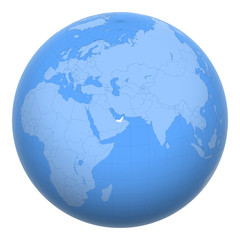 United Arab Emirates (UAE) on the globe. Earth centered at the location of The United Arab Emirates. Map of the Emirates. Includes layer with capital cities.