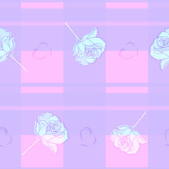 Blue, pink and lilac checkered vector endless texture with roses and hearts