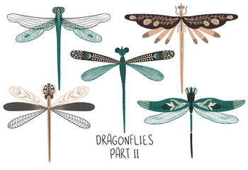 Set Of Folk Art Decorated Dragonflies.