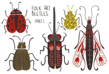 Set Of Folk Art Decorated Beetles.