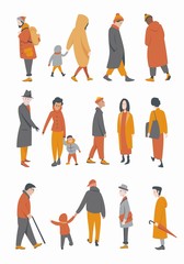 A set of people of different ages, dressed in autumn clothes or outerwear, walks with children, stand on the street, go about their business. Vector flat cartoon illustration.
