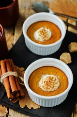 Fotobehang Baked Pumpkin pudding with whipped cream and cinnamon © nata_vkusidey