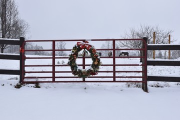 Christmas wreath on farm gate