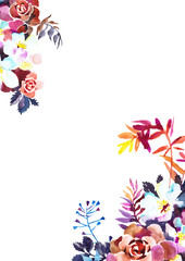 Floral card design. Watercolor hand drawn garden flowers, rose and herbs. Botanical frame made of fantasy greenery isolated on white. Good for postcard, greeting,  invitation cards, placing text.