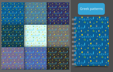 Vector seamless Greek patterns of national symbols, golden helmet, an olive branch, a cithara, a blue pillar, a brown vase, word Greece for cover, wallpaper, wrapping paper, fashion, background use