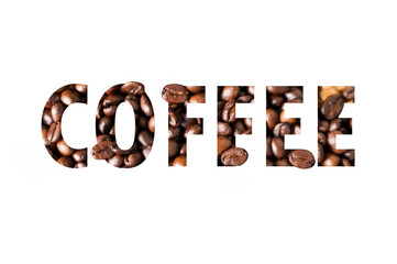 the word in coffee letterpress type with coffee bean background