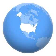 United States (US) on the globe. Earth centered at the location of The United States of America (USA). Map of America. Includes layer with capital cities. - 284573272