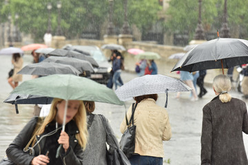 People with umbrellas. It is raining heavily.