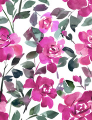 Hand drawn watercolor opulent roses. Floral seamless pattern. Decorative background with large blossom flowers for fashion design, textile, fabric, clothes, dress, wrapping and any surface.