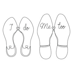 Wedding shoes of the bride and groom with the inscription one line drawing on white isolated background. Vector illustration
