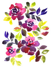 Watercolor floral painting. Bouquet of roses buds isolated on white canvas. Beautiful botanical artwork for poster, card, banner or print. 