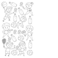Children and sport. Vector illustration of activities. Football, soccer, running, dancing, martial arts. Health care in school and kindergarten.