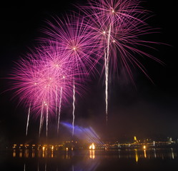 Fogo de artificio projetado no ceu por cima de um rio em cores lilás