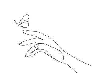 Le papillon vole à la main un dessin au trait sur fond blanc isolé. Illustration vectorielle