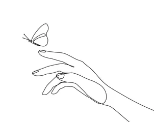 Deurstickers Een lijn Vlinder vliegt met de hand een lijntekening op witte geïsoleerde achtergrond. vector illustratie