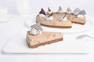 Tasty cheesecake on a white plate