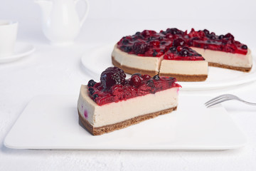 Tasty cheesecake on a white plate