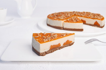 Tasty cheesecake on a white plate