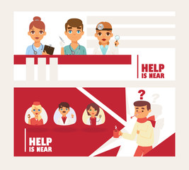 Doctors team avatars and other hospital workers set of banners vector illustration. Medicine professionals and medical staff people in uniform doctor, nurse with ill patient. Health care clinic.