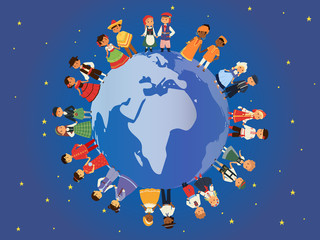 Children of different nationalities around earth banner vector illustration. Kids characters in traditional costume national dress. Cultures. International multicultural friendship.