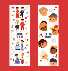 Dating website with kids set of horizontal banners. Children of different nationalities vector illustration. Kids character date in traditional costume and dress. International friendship.