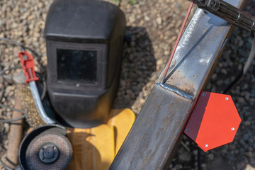Welding construction industry instruments concept. Professional skilled weld safety tools...