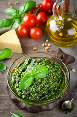 Homemade basil pesto with pine nuts, parmesan and garlic.