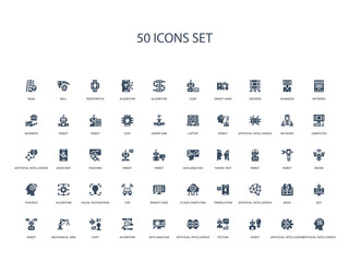 50 filled concept icons such as artificial intelligence, artificial intelligence, robot, piction, artificial intelligence, data analysis, algorithm,chat, mechanical arm, robot, bot, book,