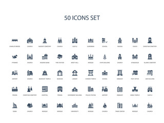 50 filled concept icons such as church, mosque, trade center, church, mosque, university, mosque,mosque, church, dubai, castle, hindu temple, embassy