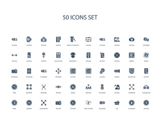 50 filled concept icons such as bitcoin, ethereum, ico, exchange, peer to peer, litecoin, bitcoin,blockchain, monero, dash, blockchain, ethereum, bitcoin